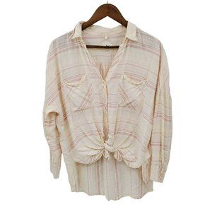 Lou & Grey Womens Cream/Pink Plaid Button Up Top Blouse Sz XS Pockets V-Neck